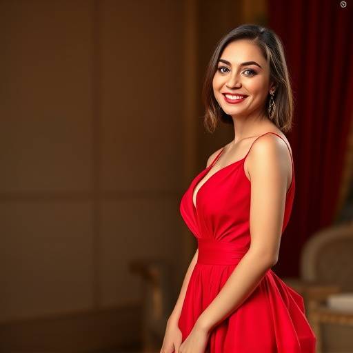 Abito da sera in seta rossa con ricami dorati, indossato da una modella sorridente su uno sfondo elegante.