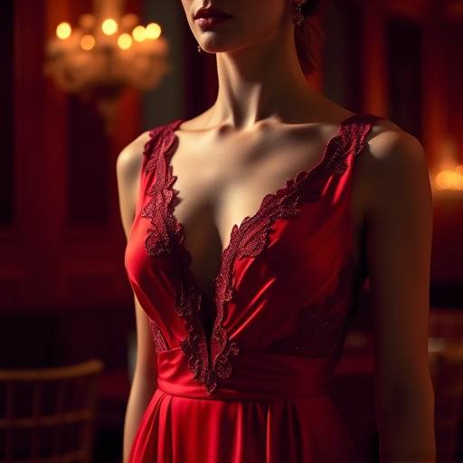 Abito da sera in seta rossa con scollo a V e dettagli in pizzo