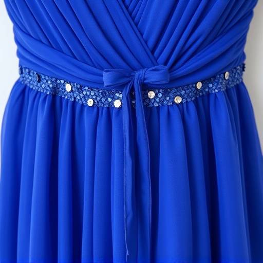 Abito lungo da cocktail in chiffon blu con ricami di paillettes e spalline sottili