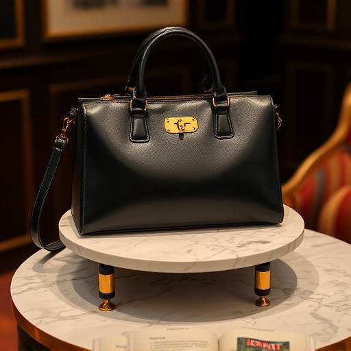 Borsa a mano in pelle nera con dettagli dorati, appoggiata su un tavolo di marmo.