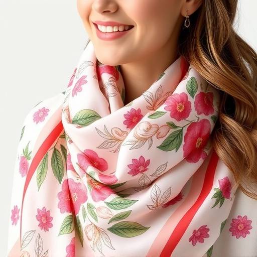 Foulard in seta con stampa floreale, avvolto attorno al collo di una modella con un sorriso radioso.