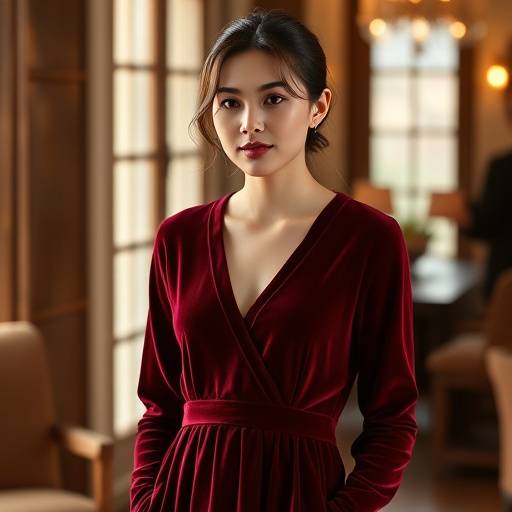 Modella che indossa un abito in velluto bordeaux con scollo a V della collezione Autunno/Inverno