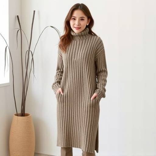 Modella che indossa un abito lungo in maglia con collo alto della collezione Autunno/Inverno