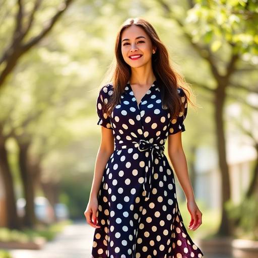 Modella che indossa un abito midi a pois con cintura in vita della collezione Primavera/Estate