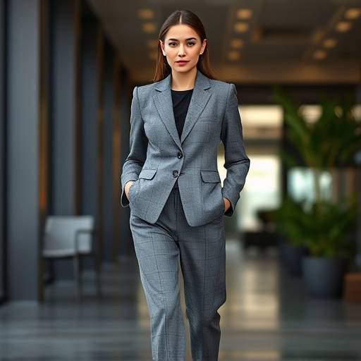 Modella che indossa un tailleur pantalone in lana grigia della collezione Autunno/Inverno