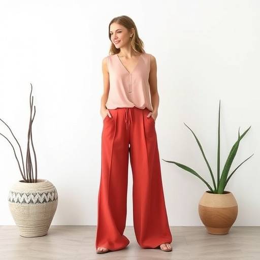 Modella con un top in seta e pantaloni a palazzo della collezione Primavera/Estate