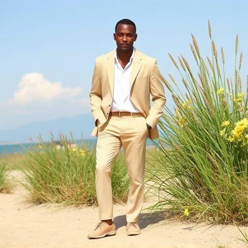 Modello che indossa un completo in lino color sabbia della collezione Primavera/Estate