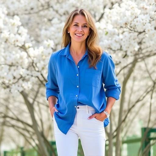 Modello che indossa una camicia di cotone azzurra e pantaloni bianchi della collezione Primavera/Estate