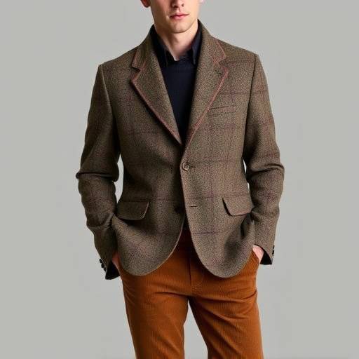 Modello che indossa una giacca in tweed e pantaloni di velluto a coste della collezione Autunno/Inverno