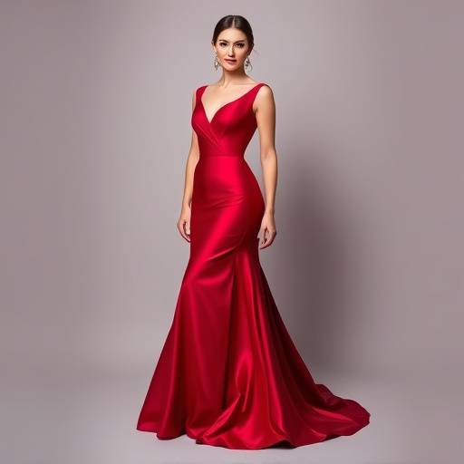 Un'elegante modella indossa un abito da sera rosso di Eleganza Eterna.